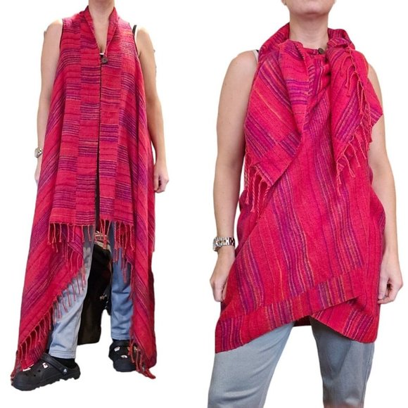 VTG 90s Wool Blend Red Pink Boho Wrap Duster Fringe Multi-wear Festival Hippie - Picture 1 of 13